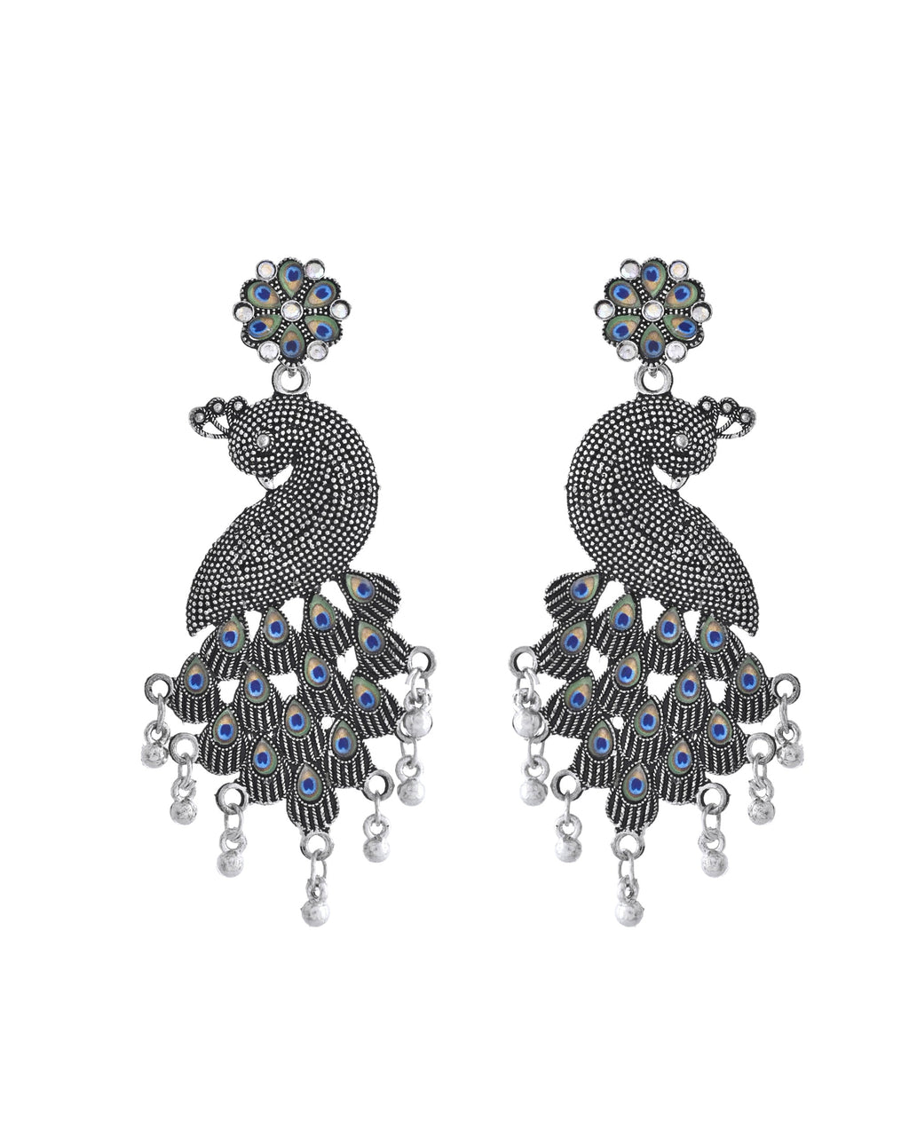 VOJ Silver Plated Oxidized Peacock Shaped Long Earrings - Distacart