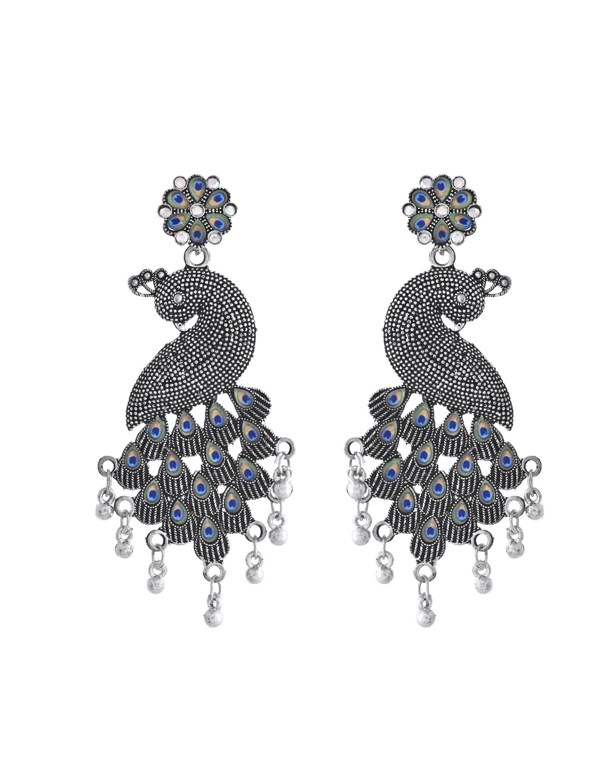 VOJ Silver Plated Oxidized Peacock Shaped Long Earrings - Distacart