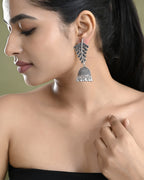 VOJ Silver Plated Oxidized Stone Studded Leaf Shaped Long Earrings - Distacart