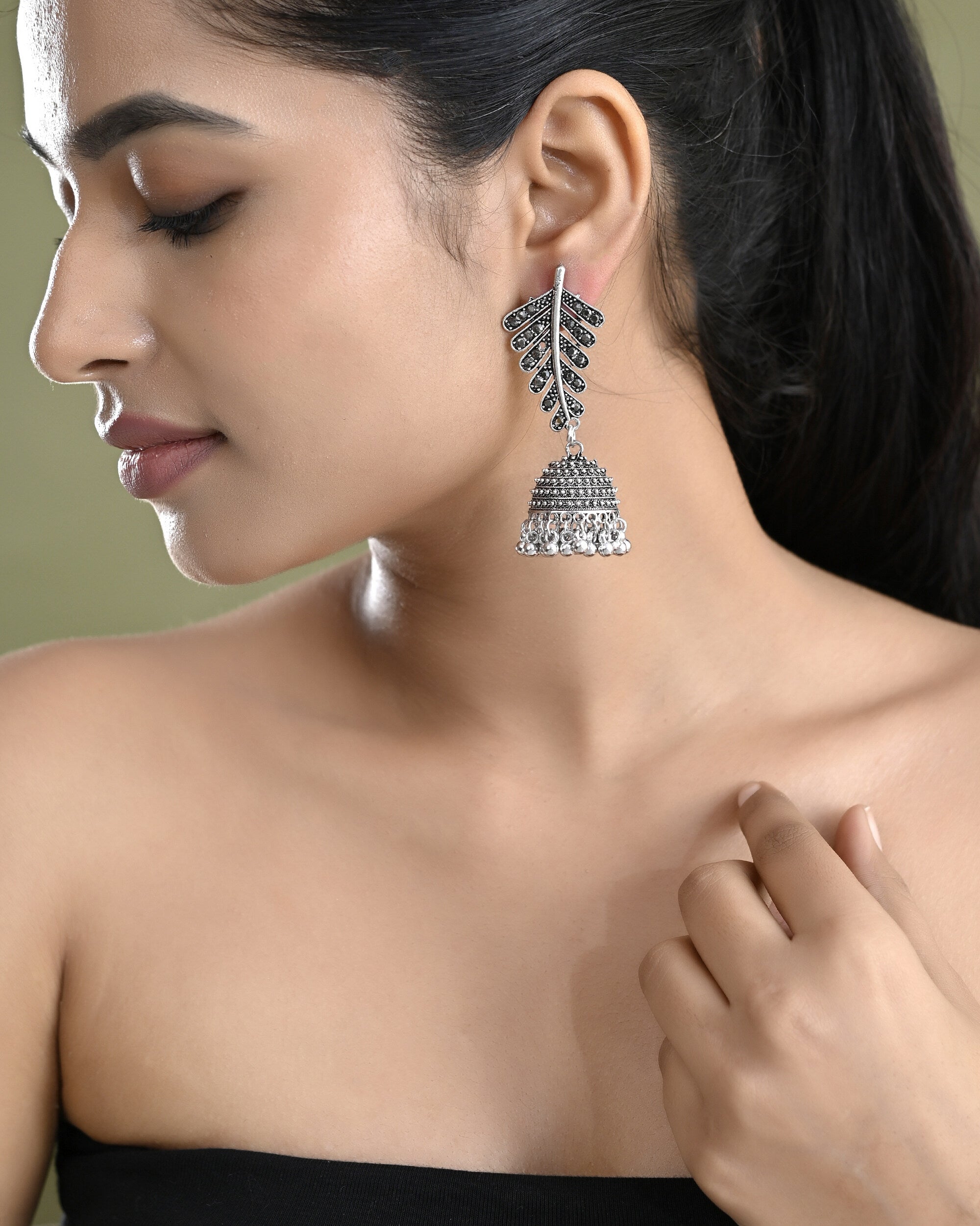 VOJ Silver Plated Oxidized Stone Studded Leaf Shaped Long Earrings - Distacart