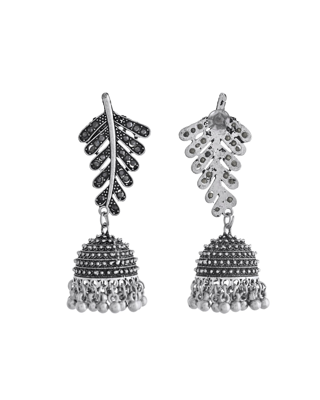 VOJ Silver Plated Oxidized Stone Studded Leaf Shaped Long Earrings - Distacart