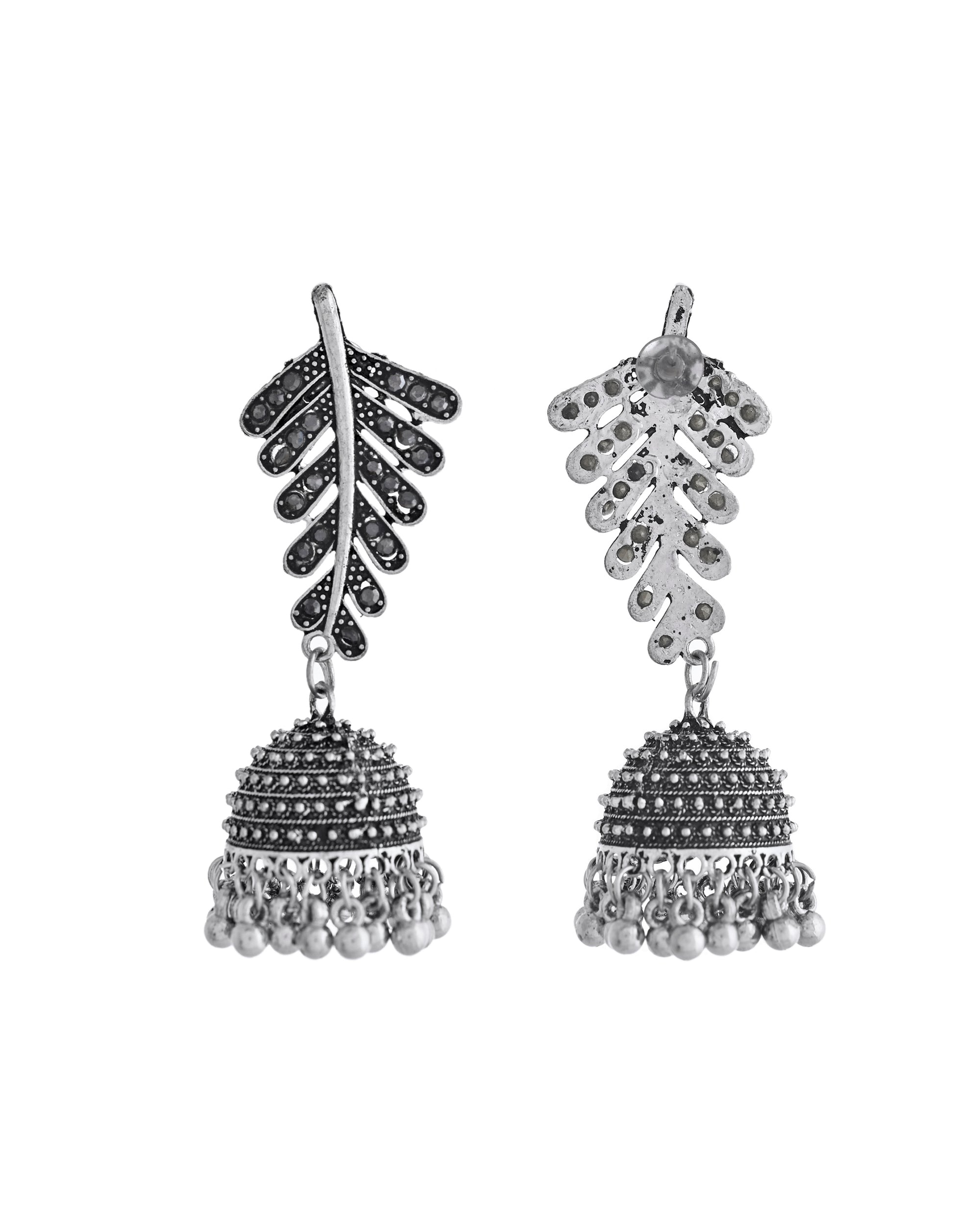 VOJ Silver Plated Oxidized Stone Studded Leaf Shaped Long Earrings - Distacart