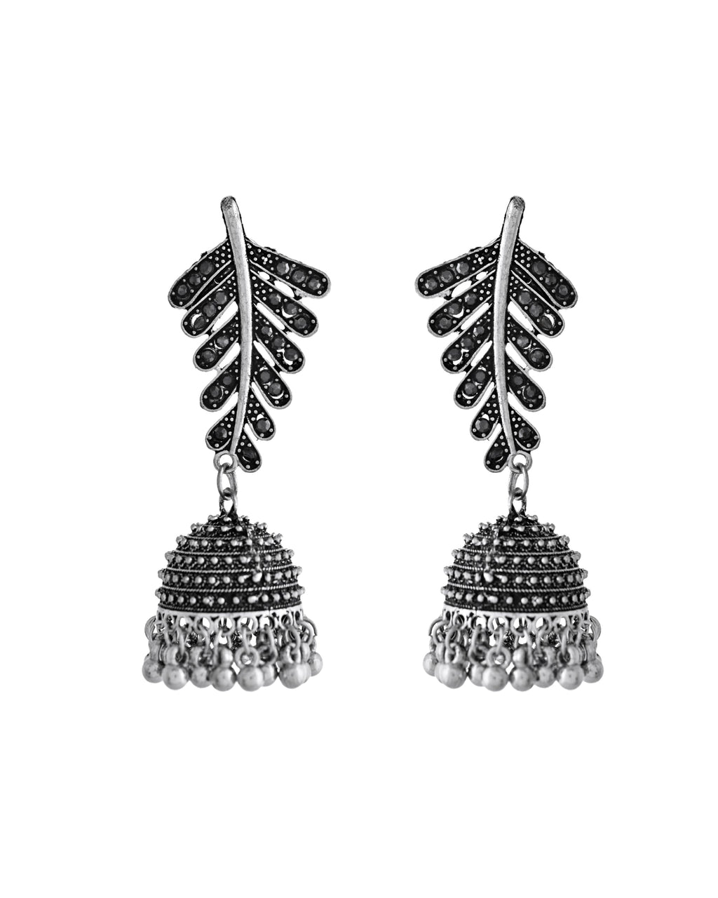 VOJ Silver Plated Oxidized Stone Studded Leaf Shaped Long Earrings - Distacart