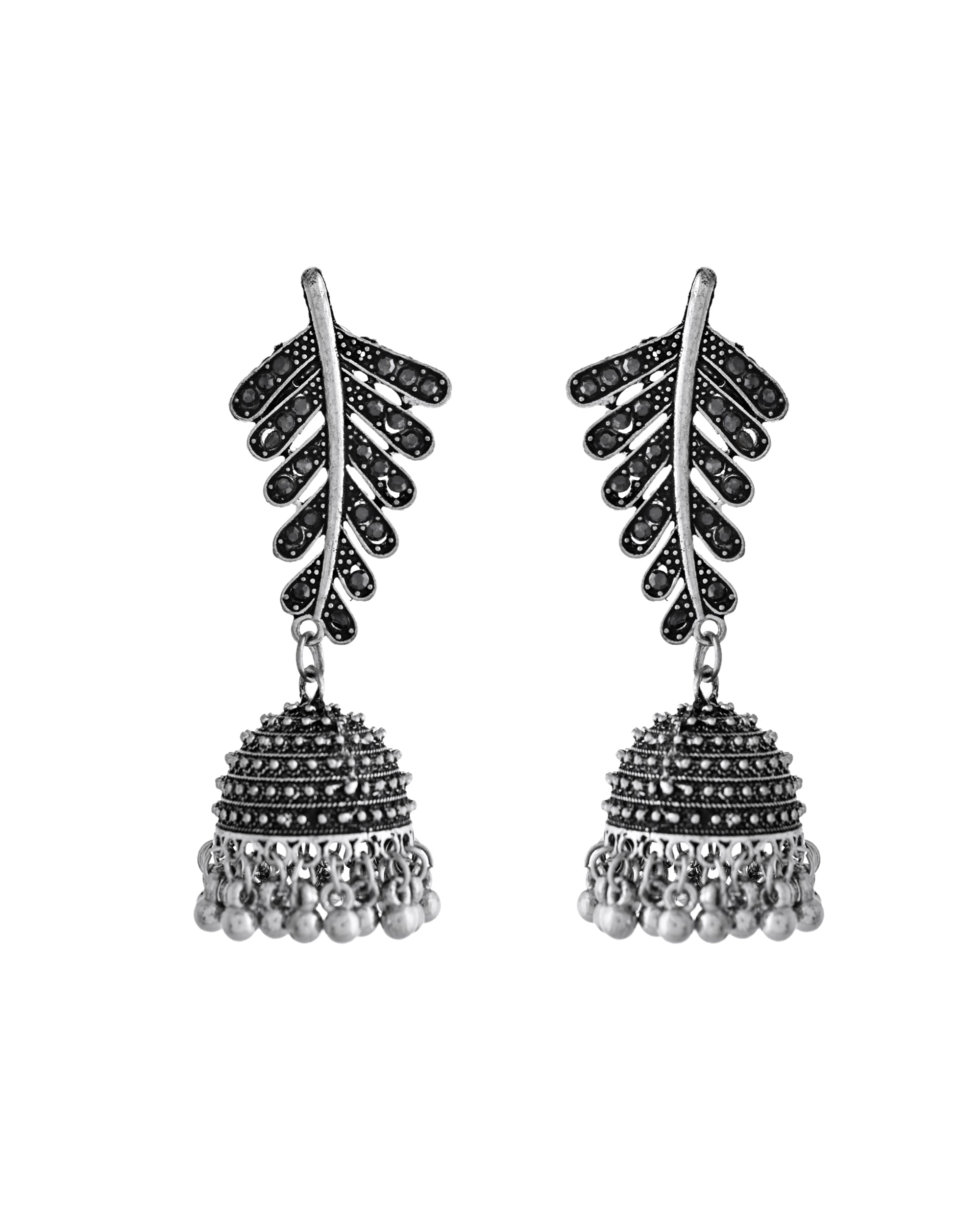 VOJ Silver Plated Oxidized Stone Studded Leaf Shaped Long Earrings - Distacart