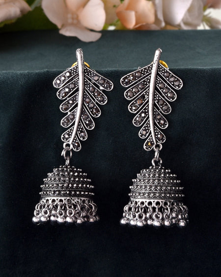 VOJ Silver Plated Oxidized Stone Studded Leaf Shaped Long Earrings