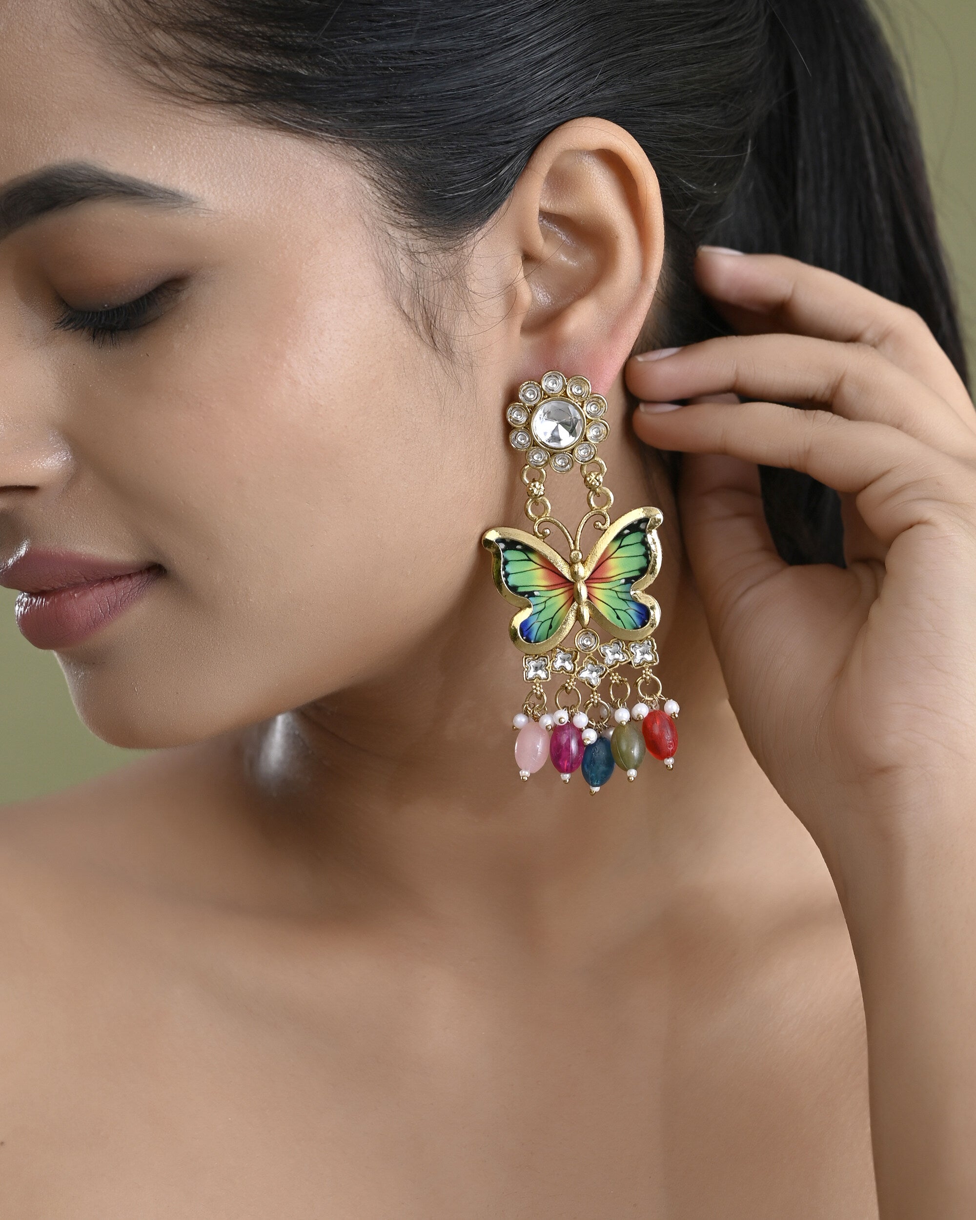 VOJ Gold Toned Multi colour Butterfly Shaped Long Earrings - Distacart