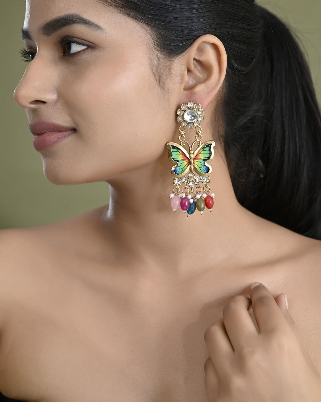 VOJ Gold Toned Multi colour Butterfly Shaped Long Earrings - Distacart