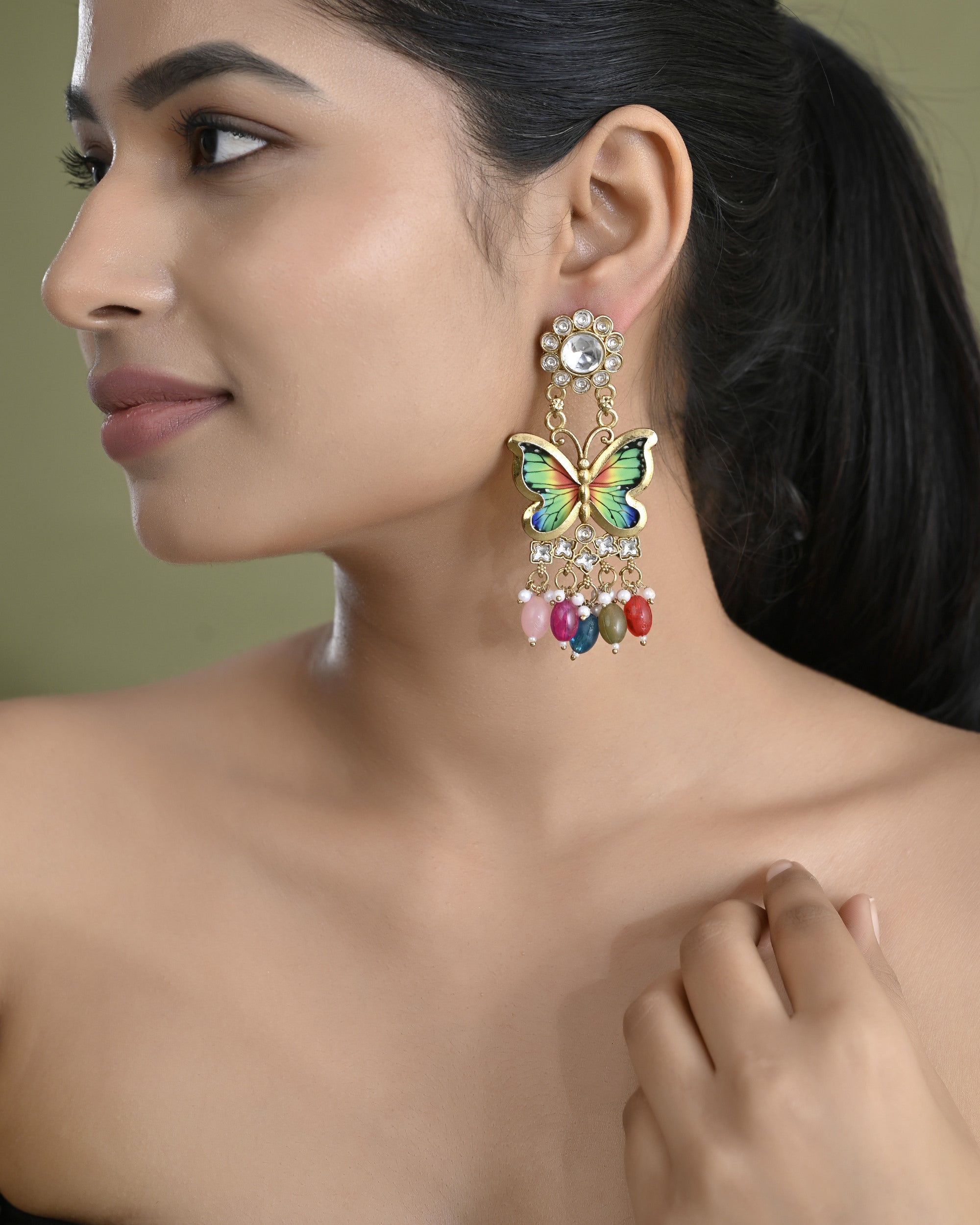 VOJ Gold Toned Multi colour Butterfly Shaped Long Earrings - Distacart
