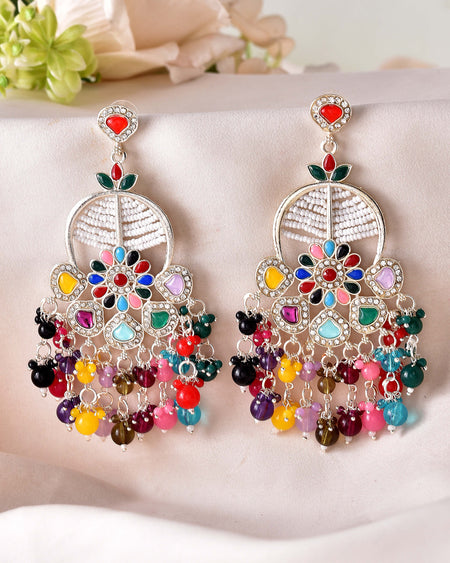 VOJ Multi Colour Beaded Long Chanbali Earrings