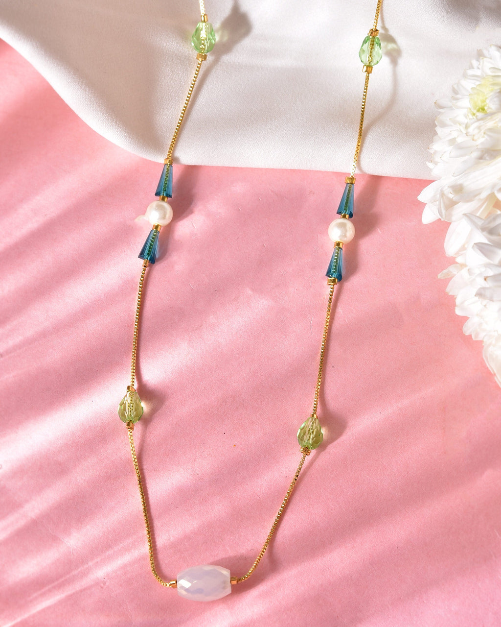 VOJ Gold-Polished Green Beaded Chain For Women