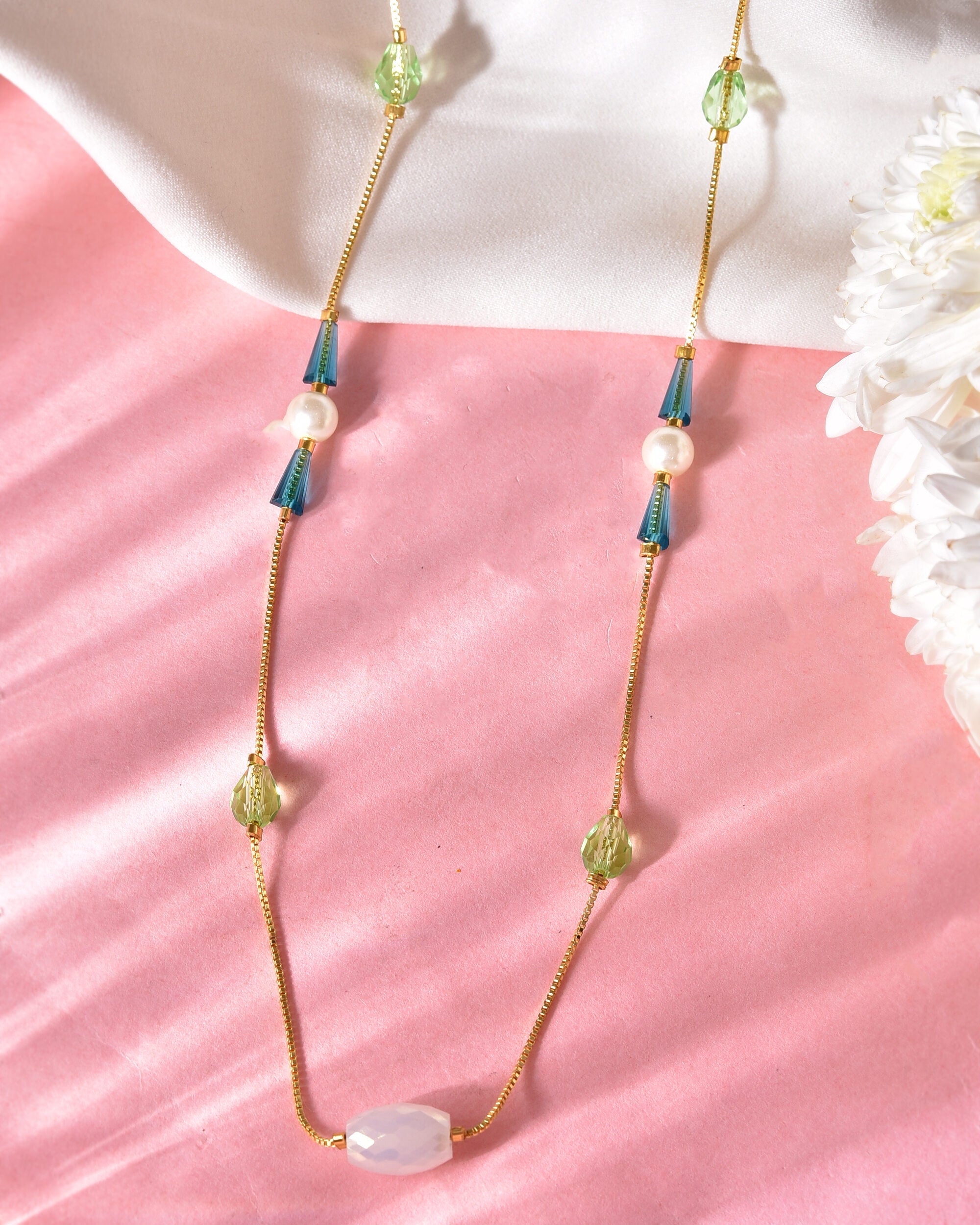 VOJ Gold-Polished Green Beaded Chain For Women