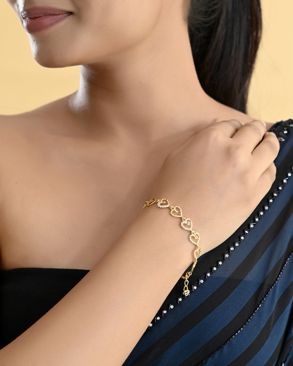 VOJ Gold-Polished Heart Shapped AD Stone Studded Women's Bracelet - Distacart