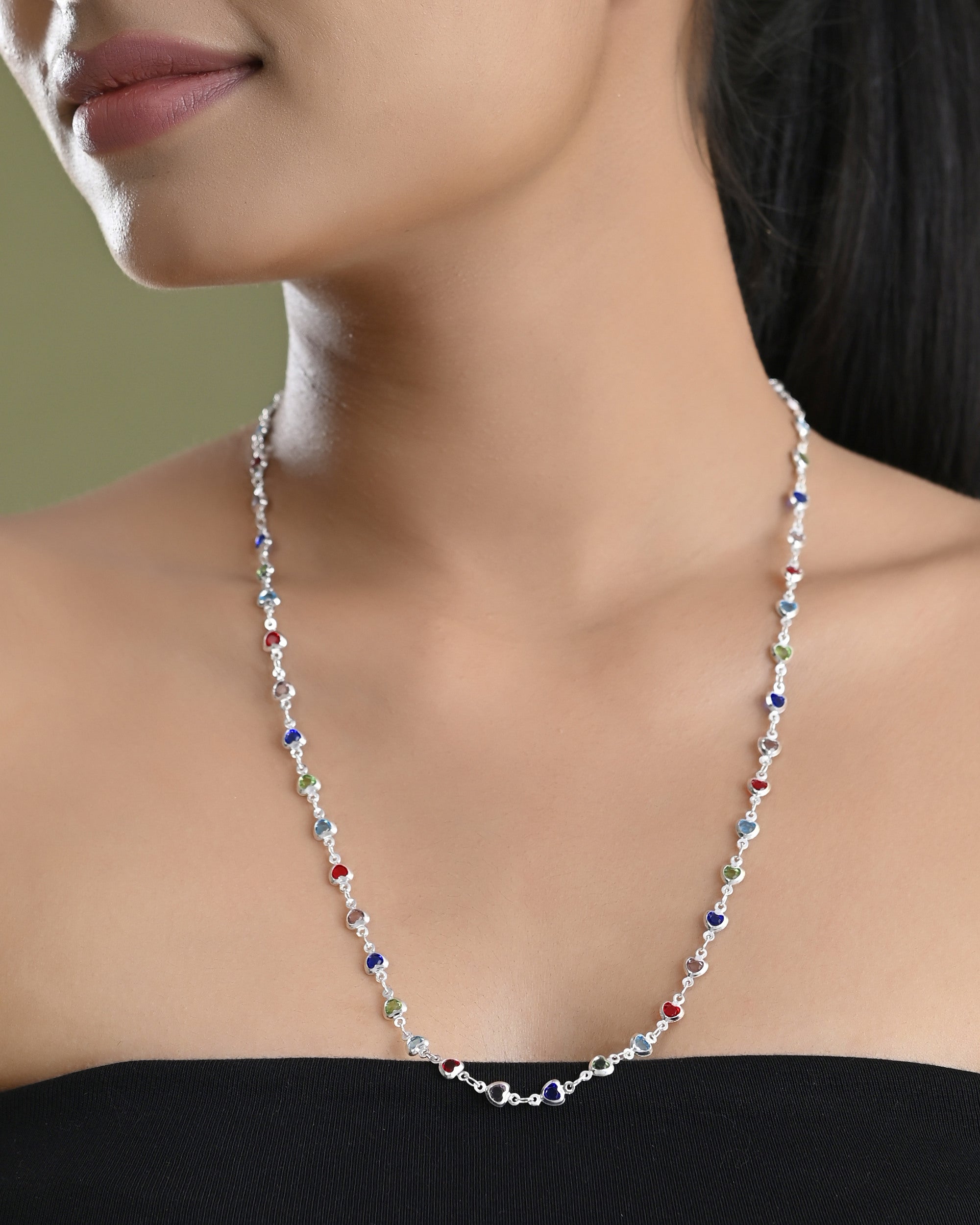 VOJ Silver Plated Multi Colour Stone Heart Shape Chain