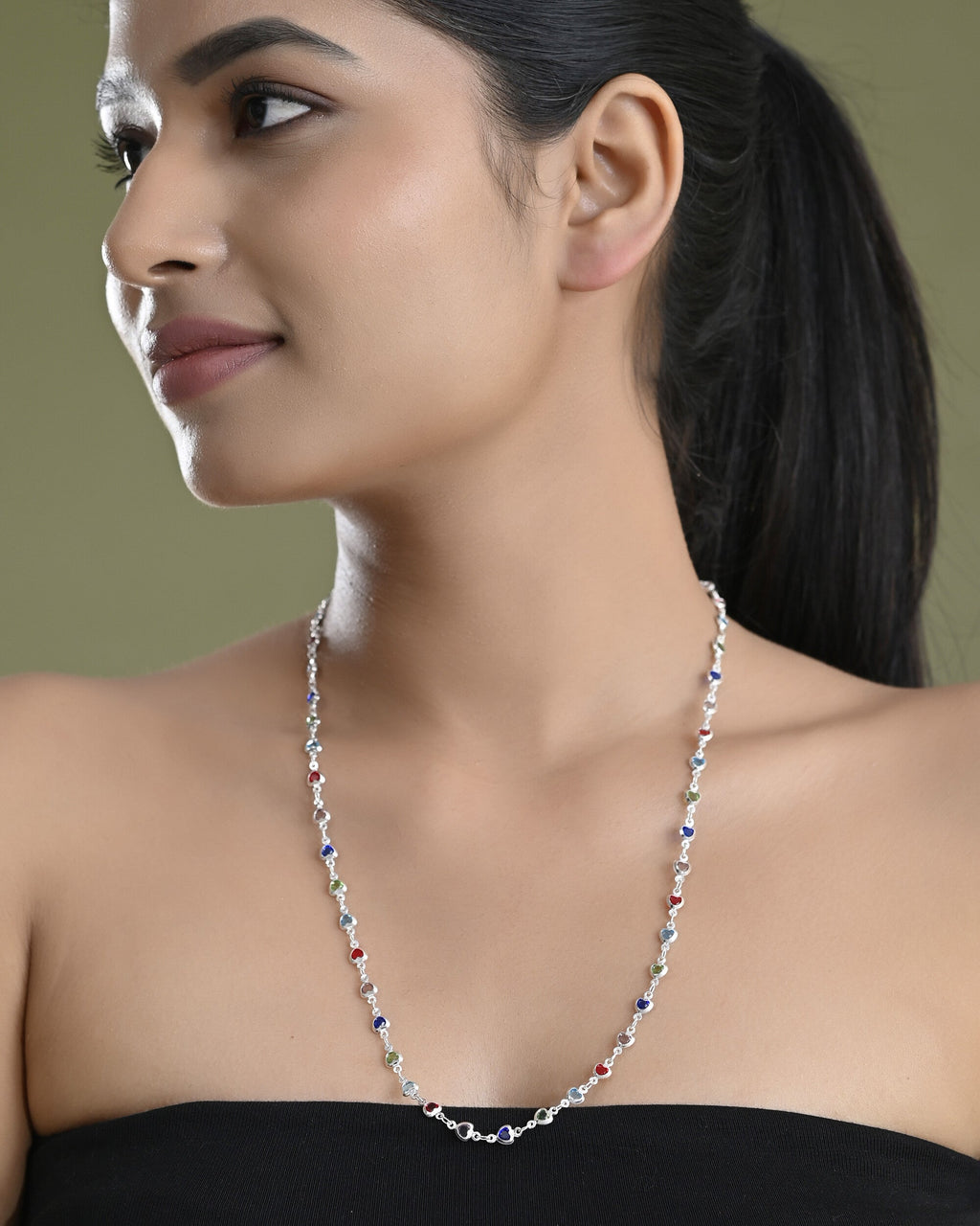 VOJ Silver Plated Multi Colour Stone Heart Shape Chain