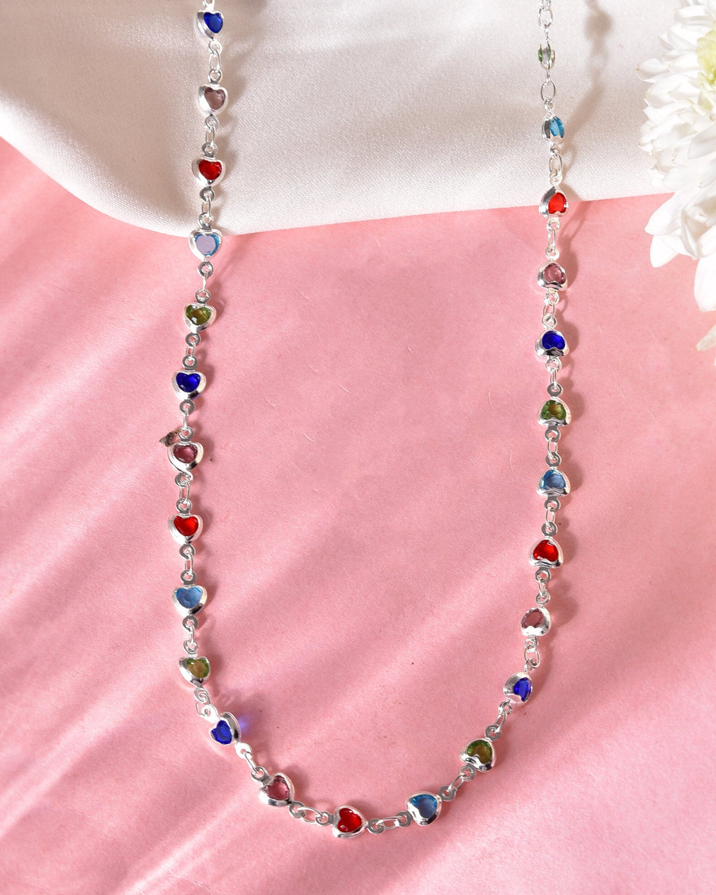 VOJ Silver Plated Multi Colour Stone Heart Shape Chain
