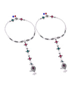 VOJ Set of 2 Silver Toned Meenakari Anklet With Toe Ring - Distacart