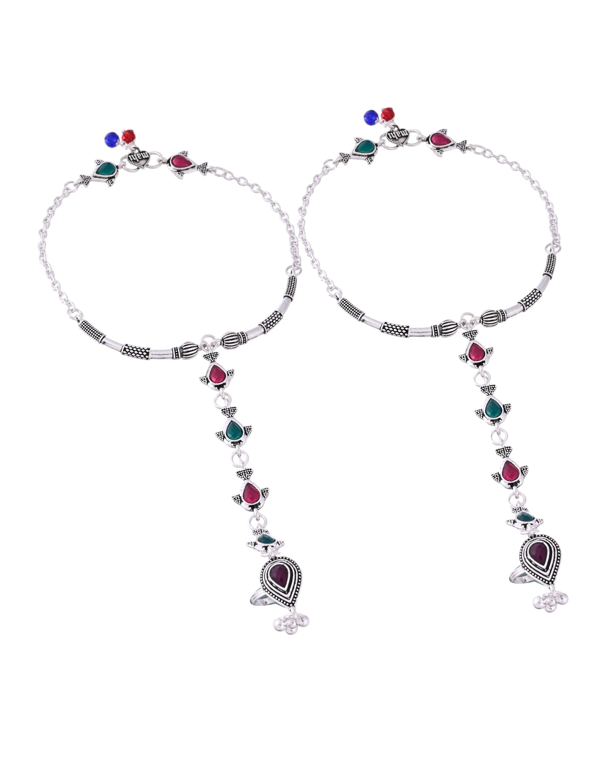 VOJ Set of 2 Silver Toned Meenakari Anklet With Toe Ring - Distacart