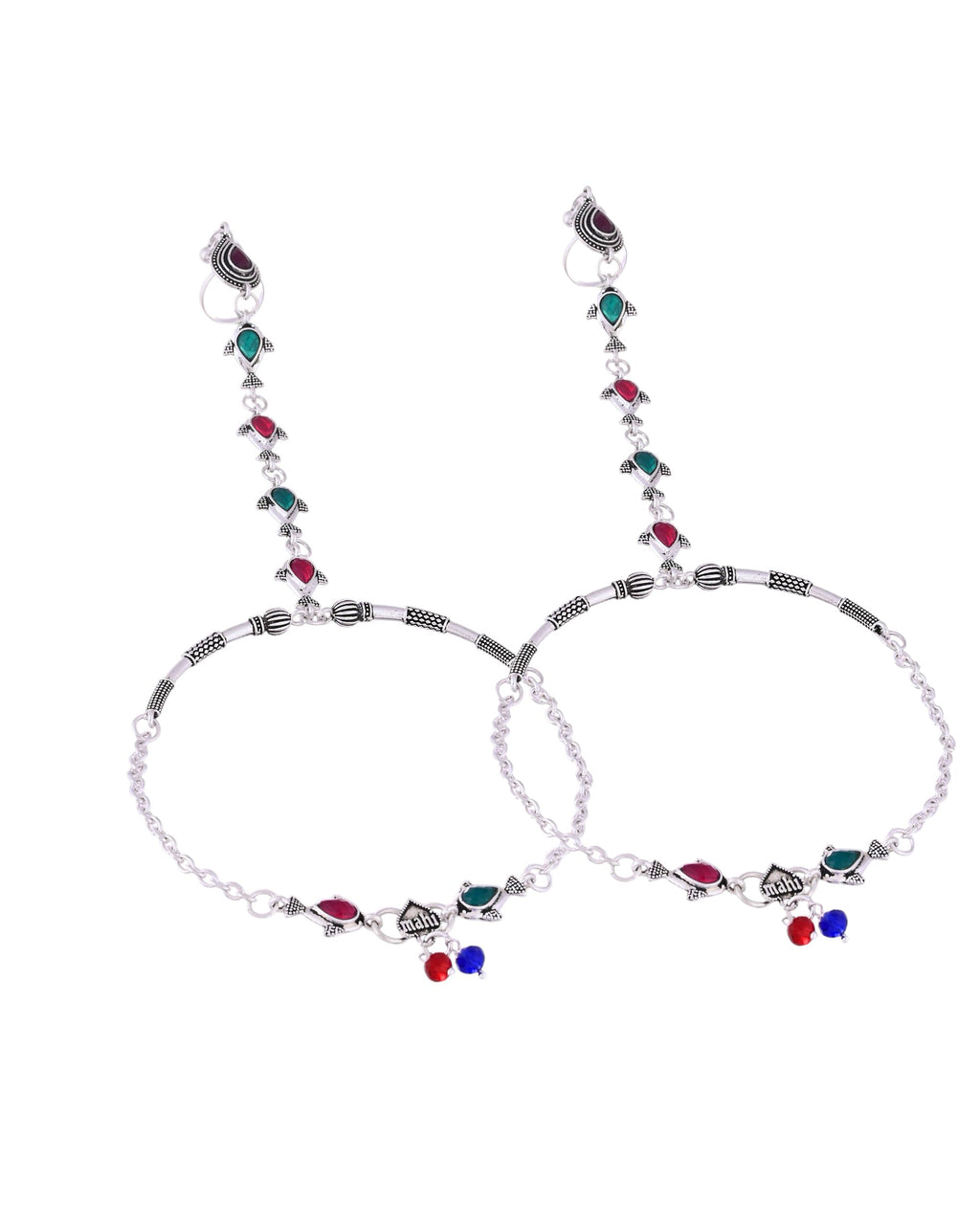 VOJ Set of 2 Silver Toned Meenakari Anklet With Toe Ring - Distacart