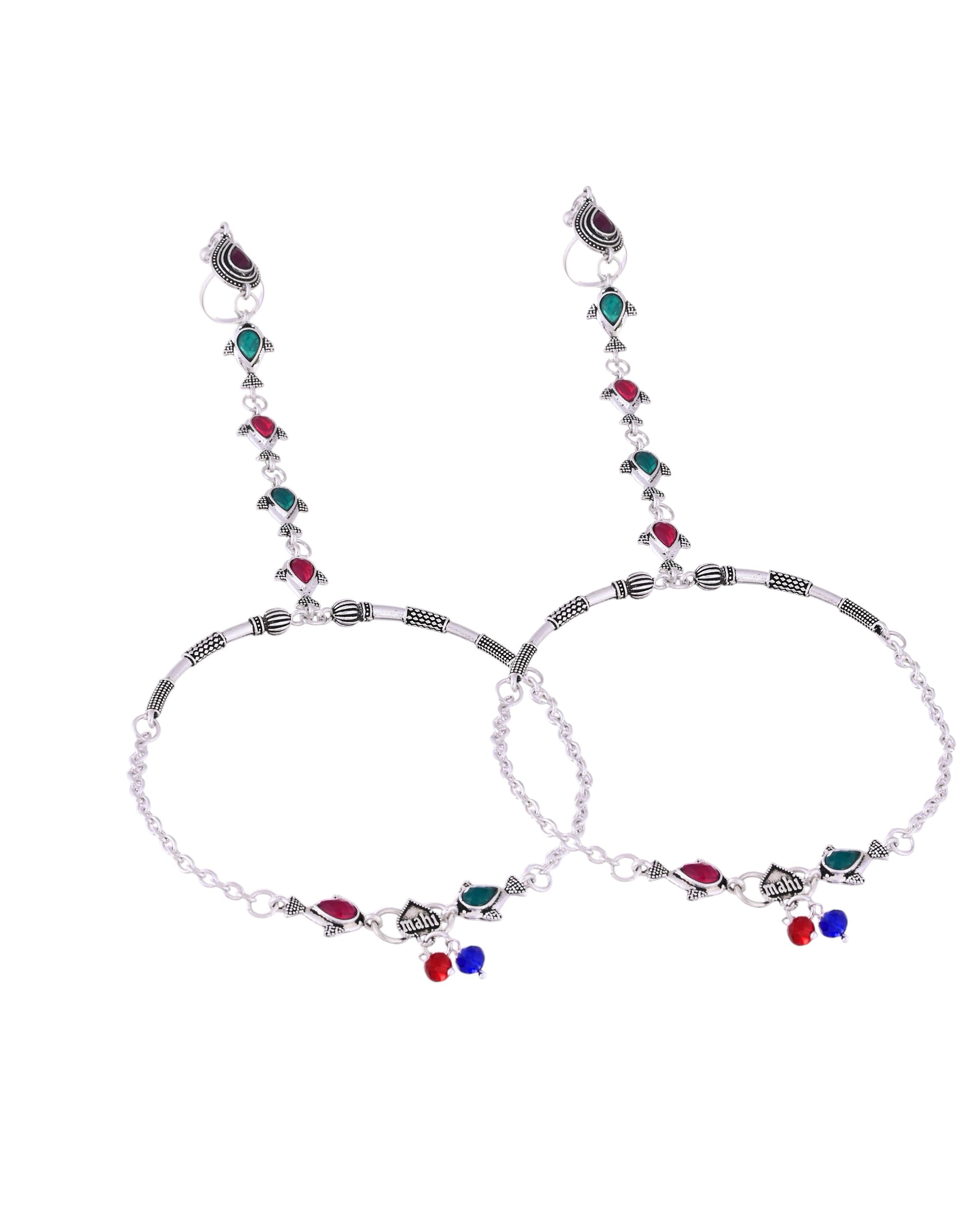 VOJ Set of 2 Silver Toned Meenakari Anklet With Toe Ring - Distacart
