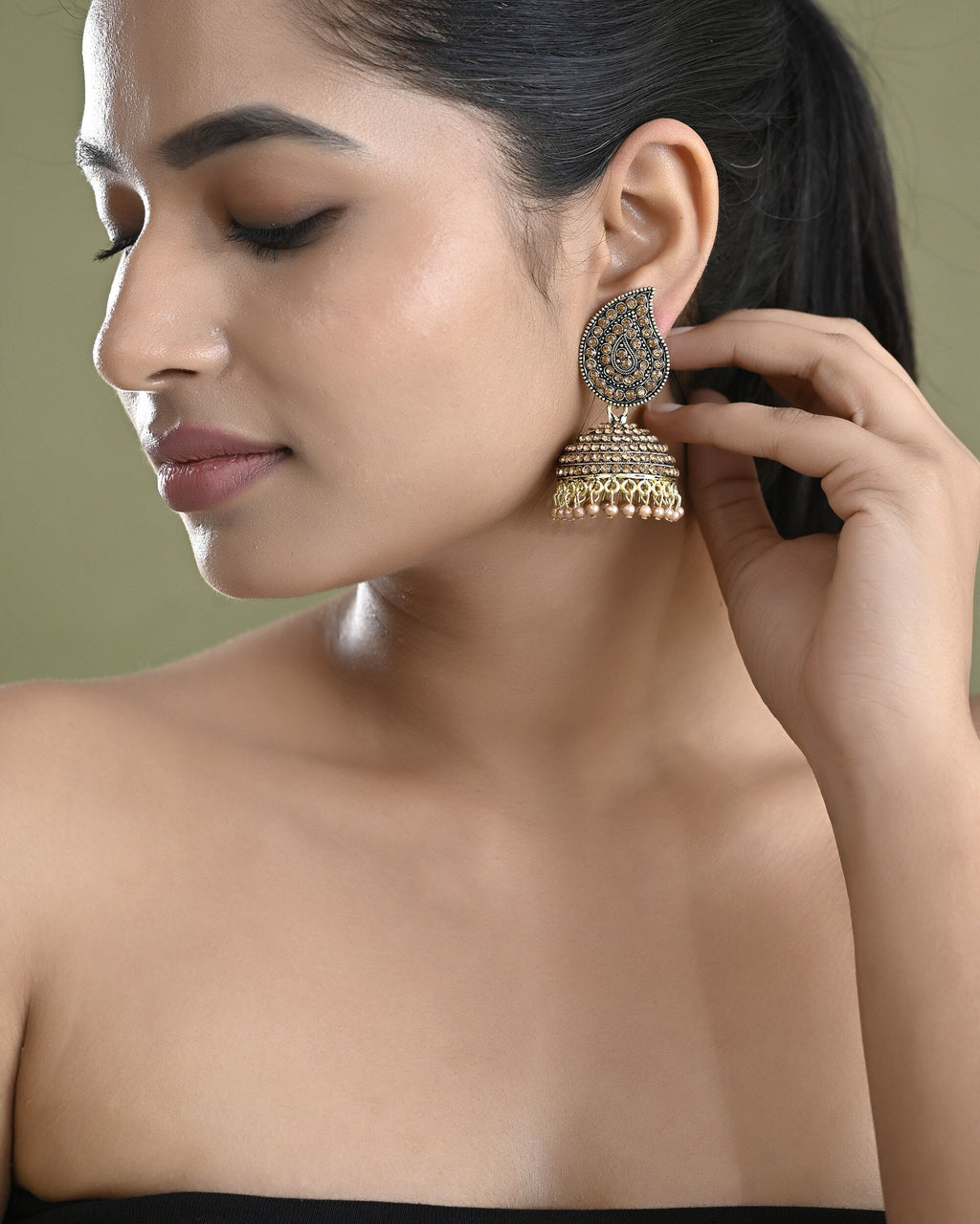 VOJ Gold Toned Stone Studded Done Shaped Jhumka Earrings - Distacart