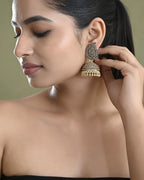 VOJ Gold Toned Stone Studded Done Shaped Jhumka Earrings - Distacart