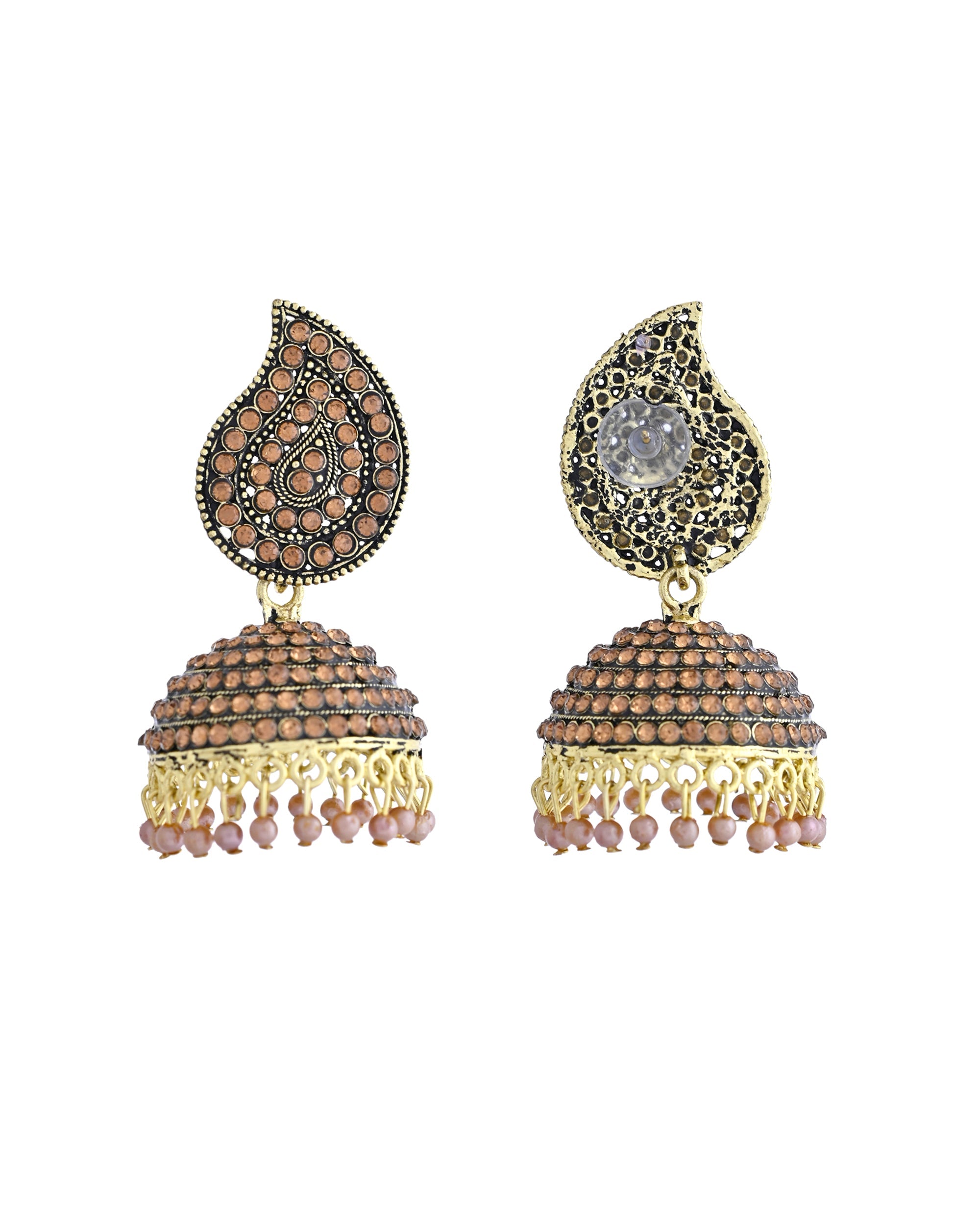 VOJ Gold Toned Stone Studded Done Shaped Jhumka Earrings - Distacart