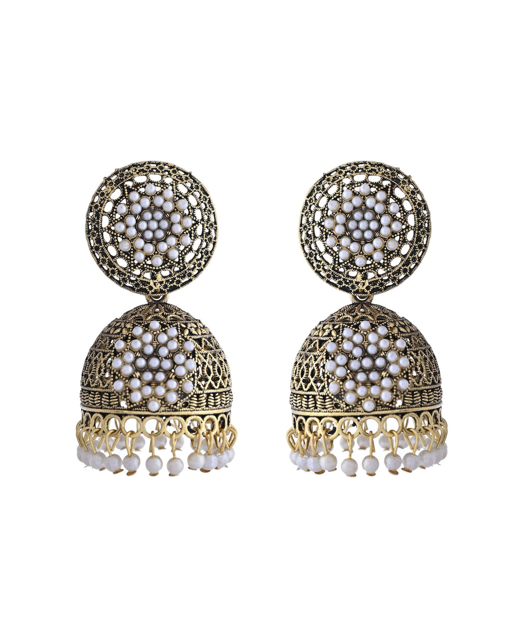 VOJ Gold Toned Stone Studded Done Shaped With Pearl Jhumka Earrings - Distacart