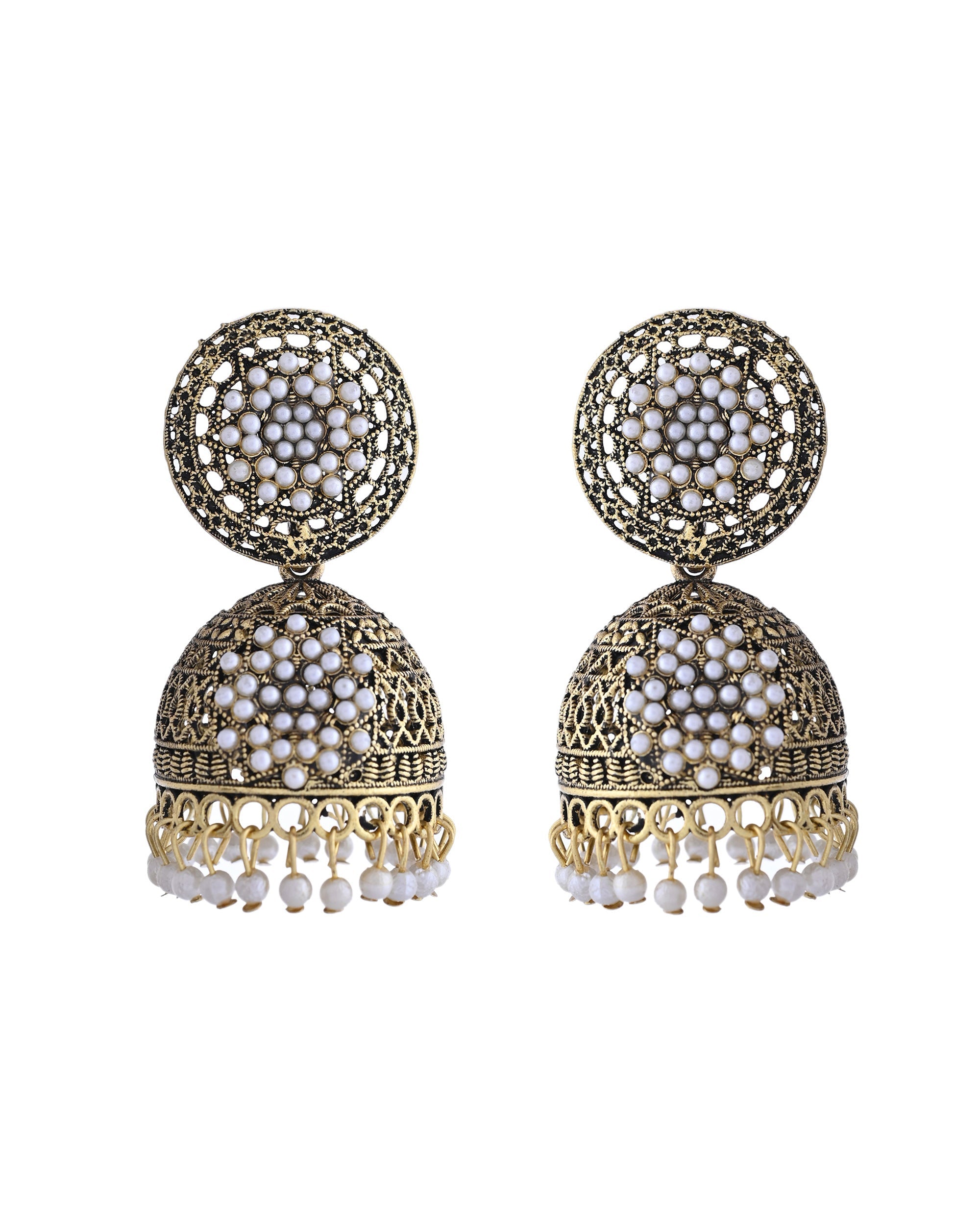 VOJ Gold Toned Stone Studded Done Shaped With Pearl Jhumka Earrings - Distacart
