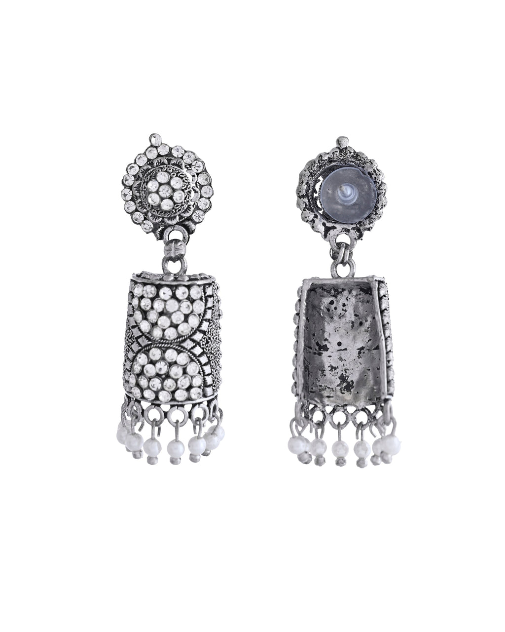 VOJ Silver Toned Stone Studded Jhumka Earrings - Distacart