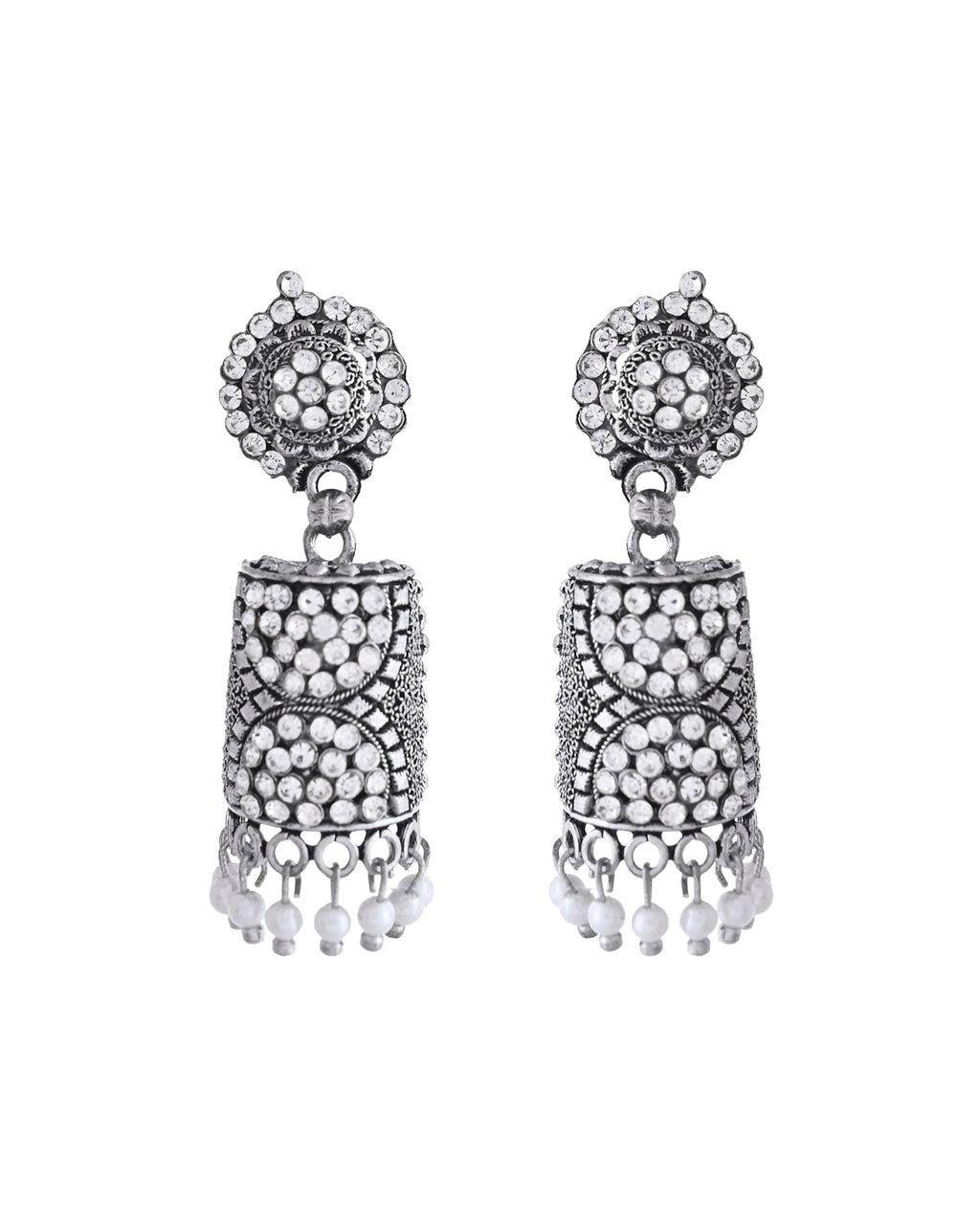 VOJ Silver Toned Stone Studded Jhumka Earrings - Distacart