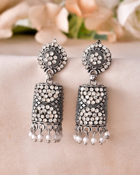 VOJ Silver Toned Stone Studded Jhumka Earrings