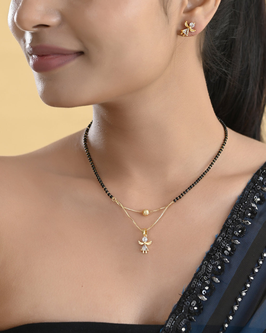 VOJ Gold-Polished Doll Shapped Stone Studded Mangalsutra With Earrings Set - Distacart