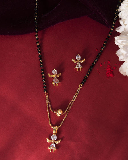 VOJ Gold-Polished Doll Shapped Stone Studded Mangalsutra With Earrings Set
