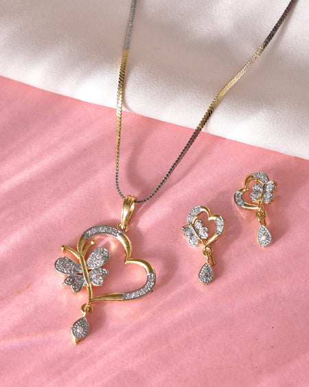 VOJ Dual Tone AD Stone Studded Butterfly Shaped Chain Set With Pandent