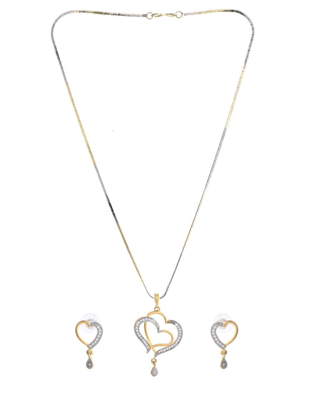 VOJ Dual Tone AD Stone Studded Heart Shaped Chain Set With Pendant