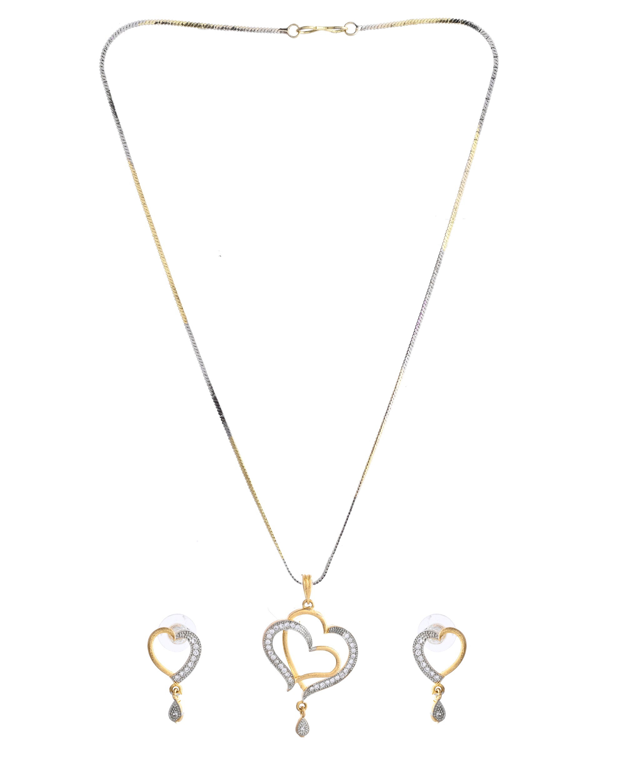 VOJ Dual Tone AD Stone Studded Heart Shaped Chain Set With Pendant