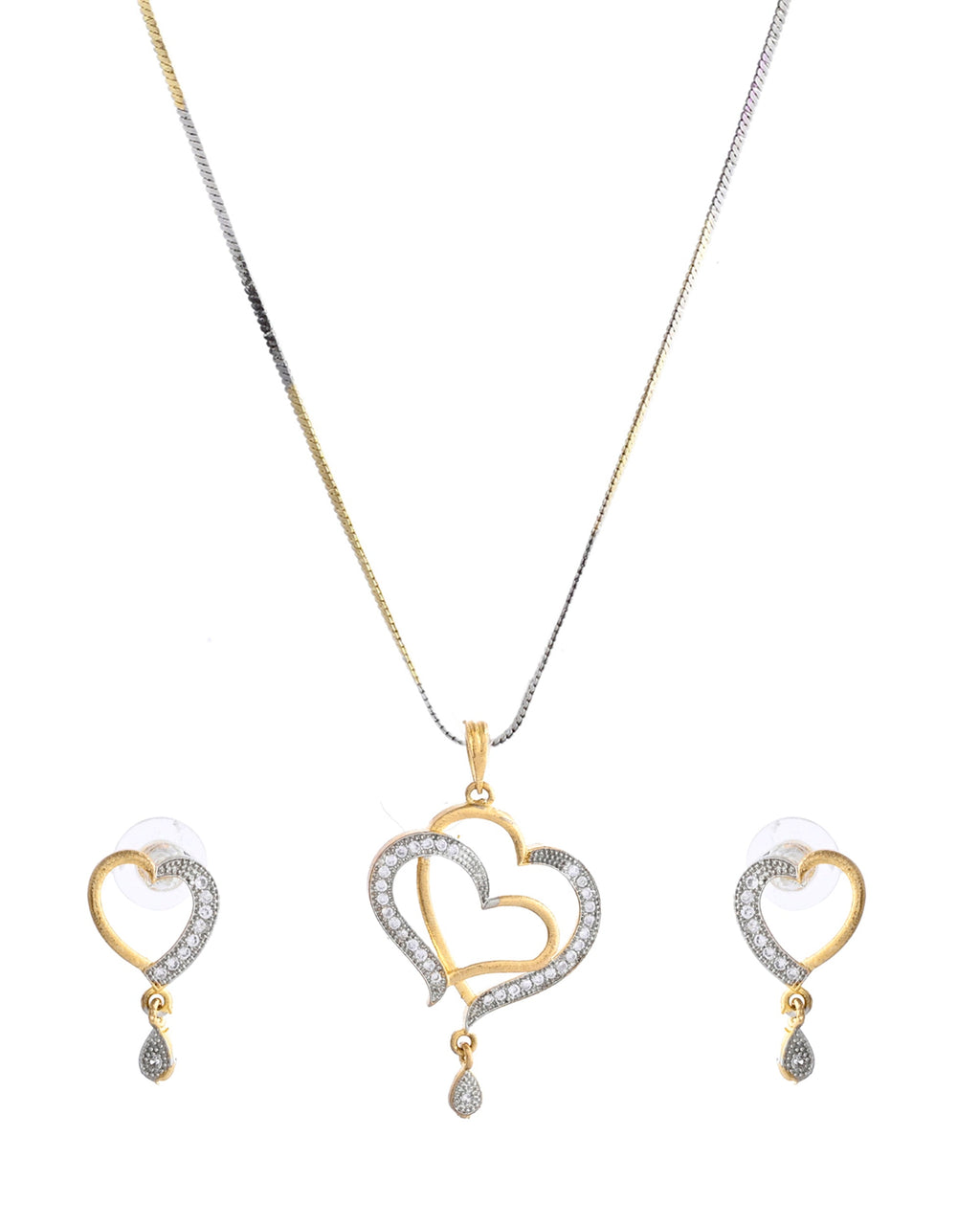 VOJ Dual Tone AD Stone Studded Heart Shaped Chain Set With Pendant