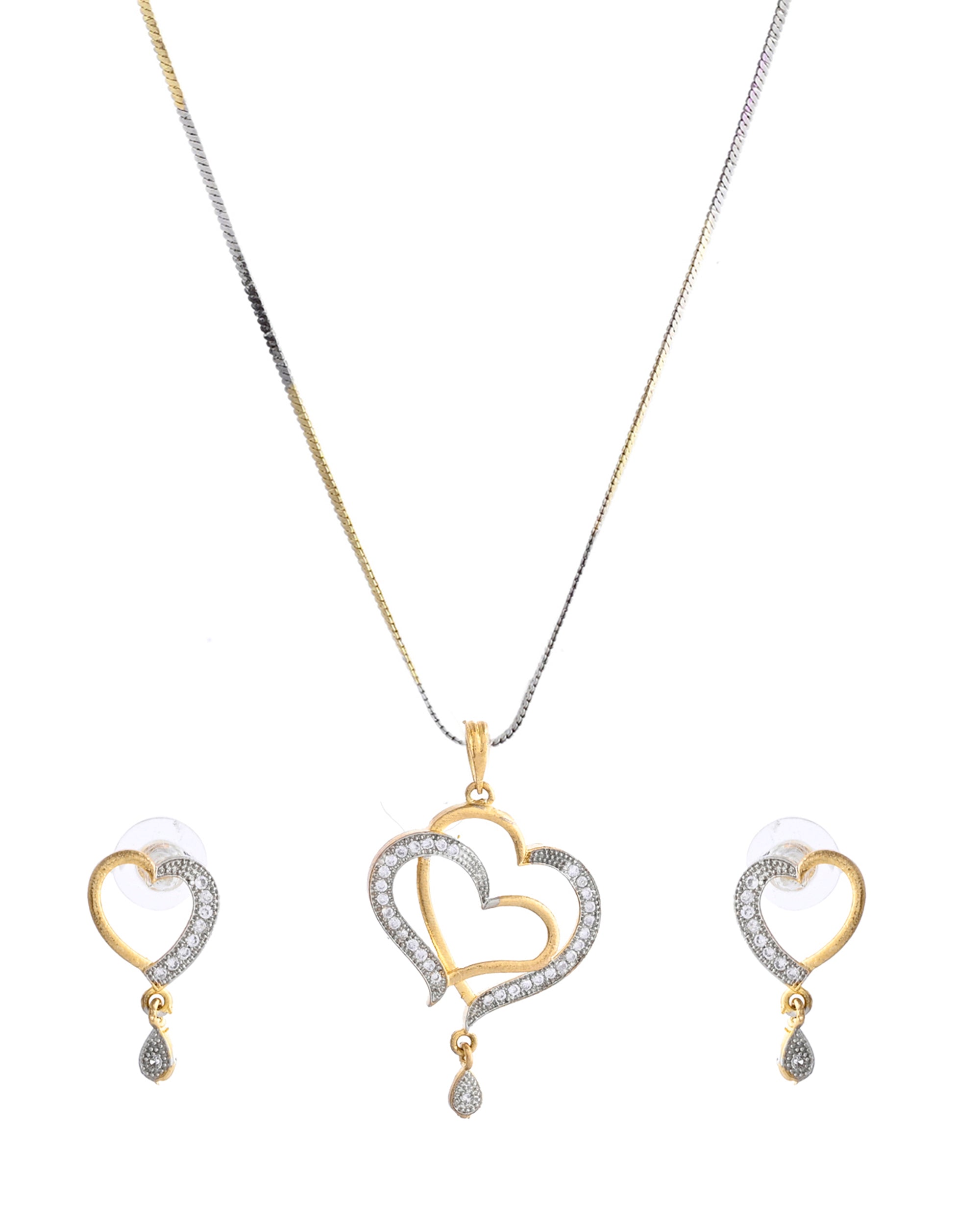 VOJ Dual Tone AD Stone Studded Heart Shaped Chain Set With Pendant