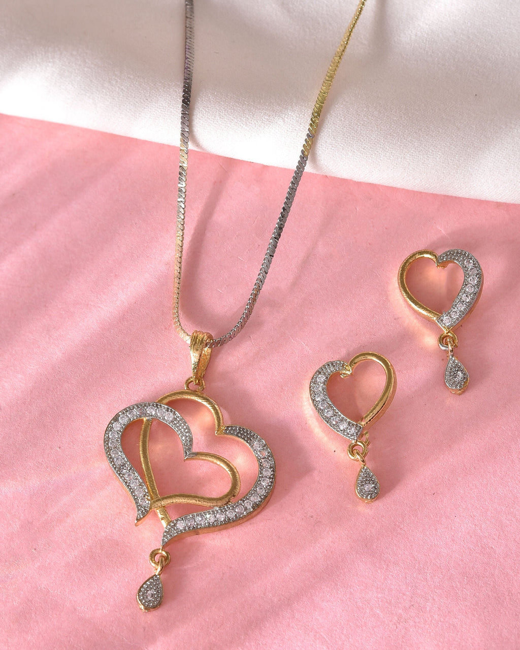VOJ Dual Tone AD Stone Studded Heart Shaped Chain Set With Pendant