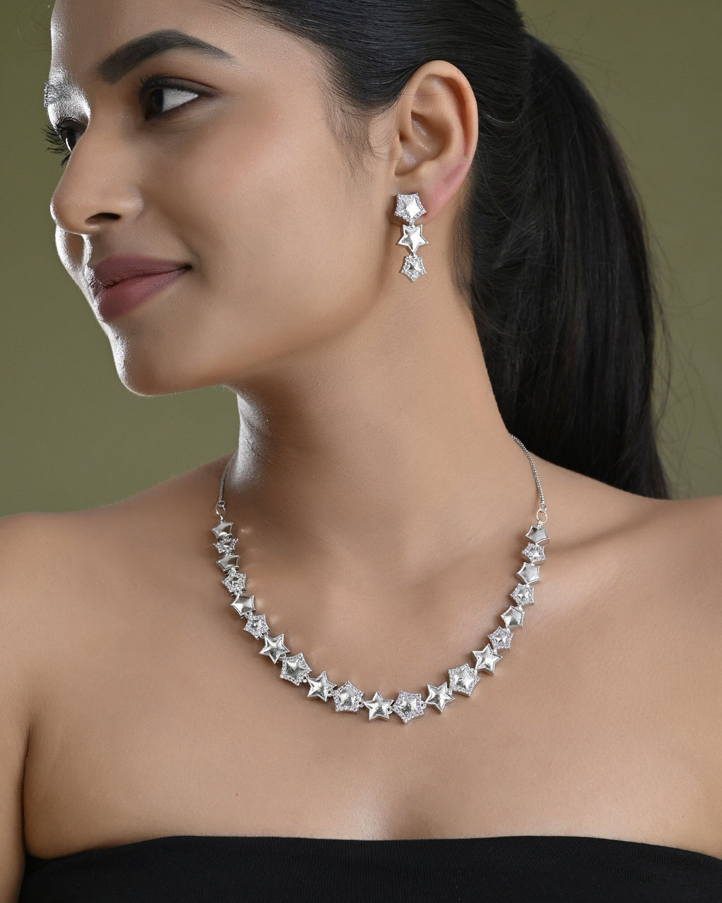 VOJ Silver Plated Star Shaped Necklace With Earrings Set