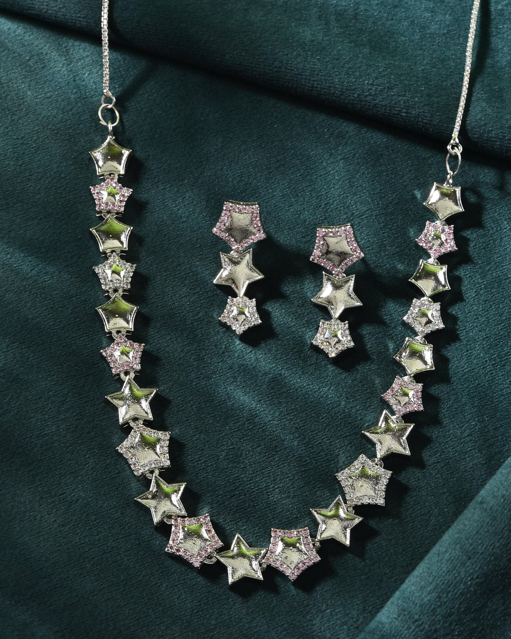 VOJ Silver Plated Star Shaped Necklace With Earrings Set