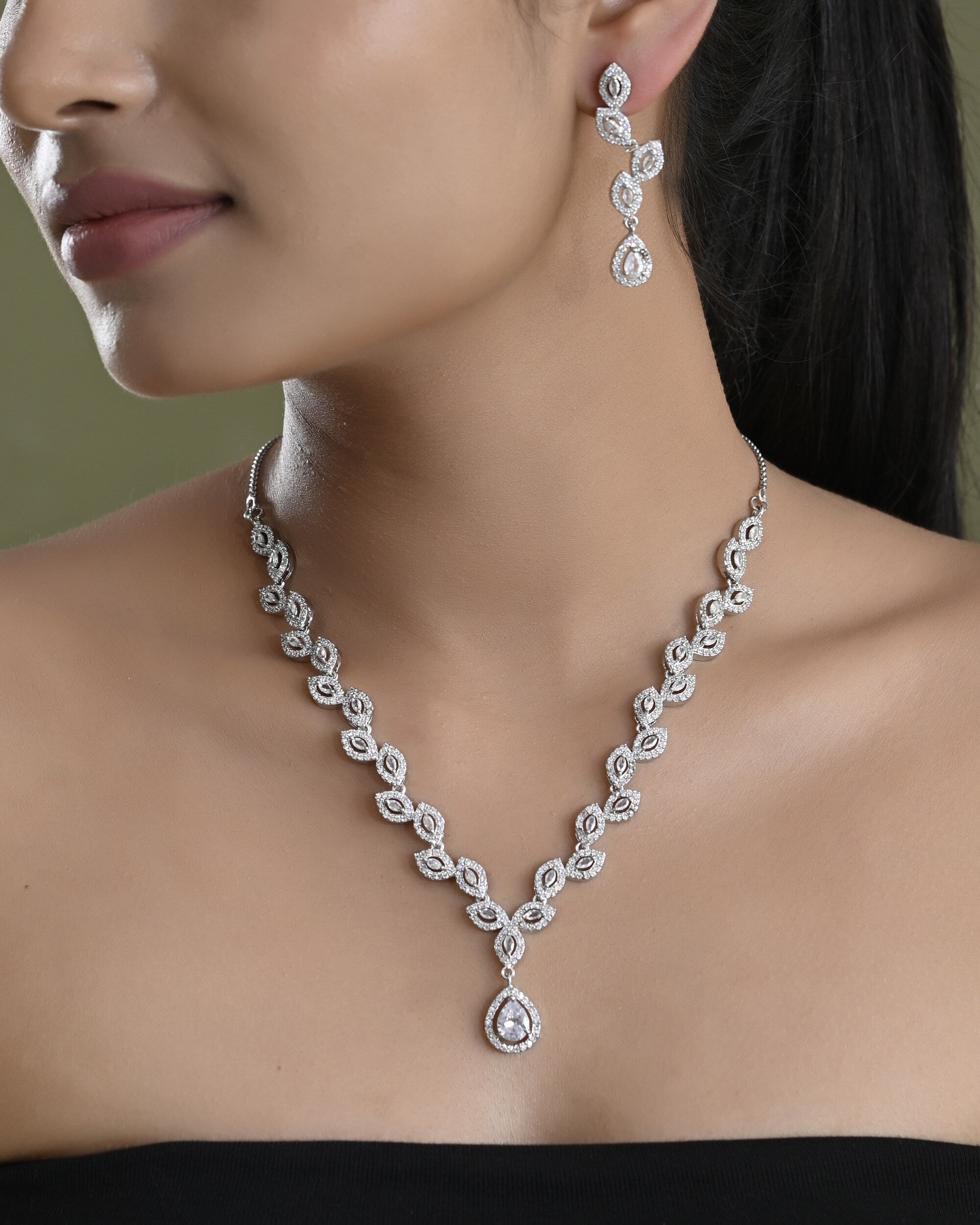 VOJ Silver Plated Tear Drop Shaped AD Necklace With Earrings Set