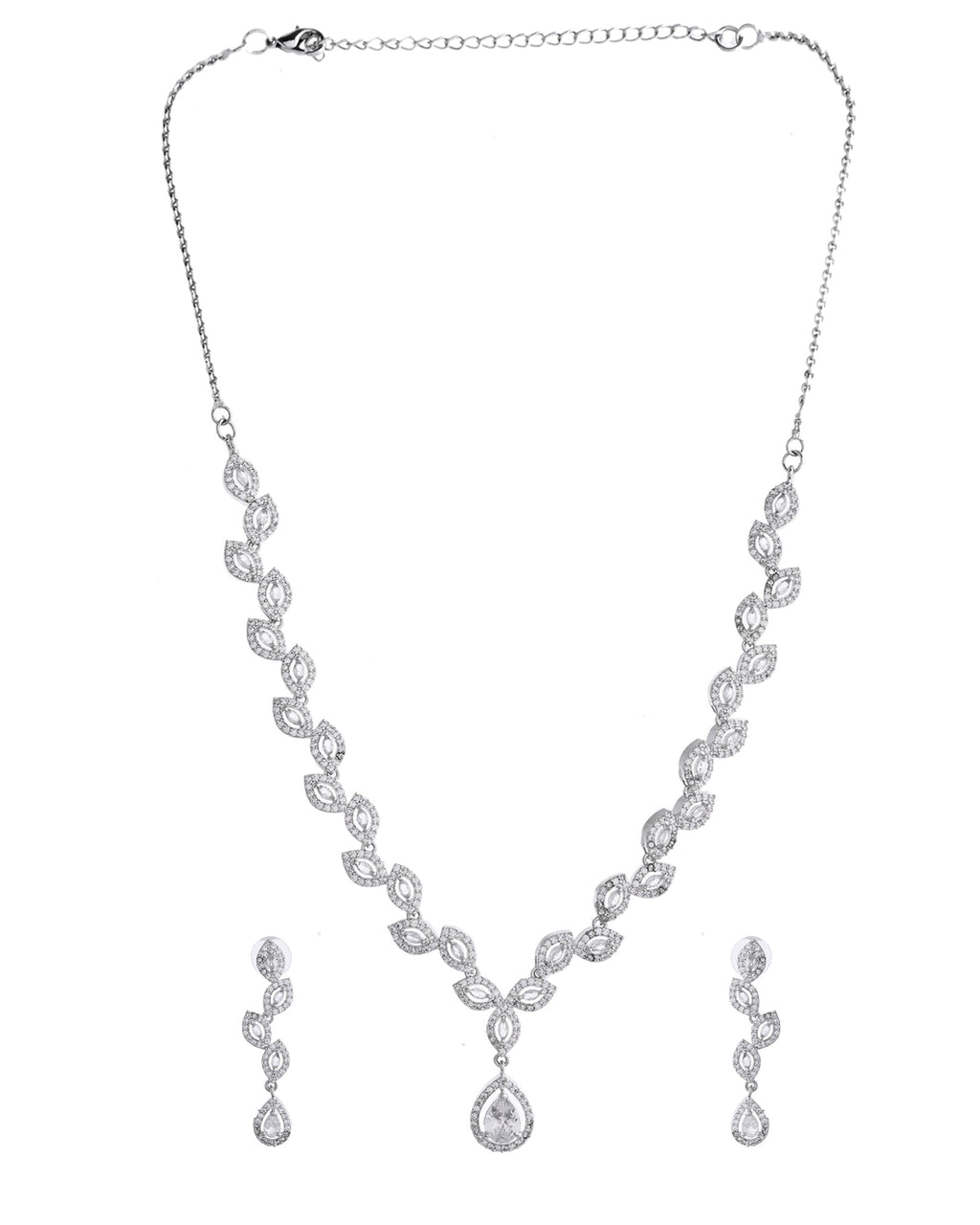 VOJ Silver Plated Tear Drop Shaped AD Necklace With Earrings Set