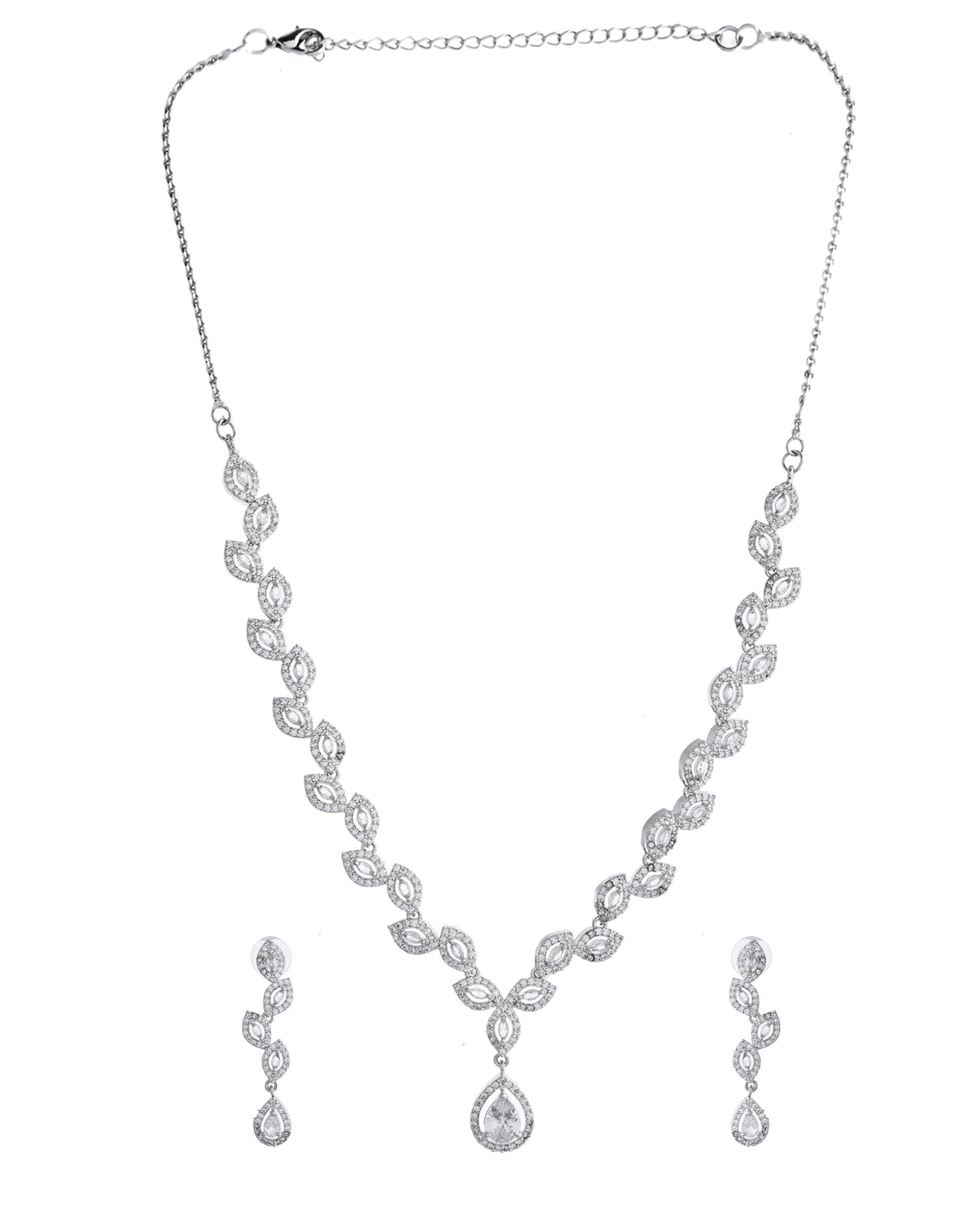 VOJ Silver Plated Tear Drop Shaped AD Necklace With Earrings Set