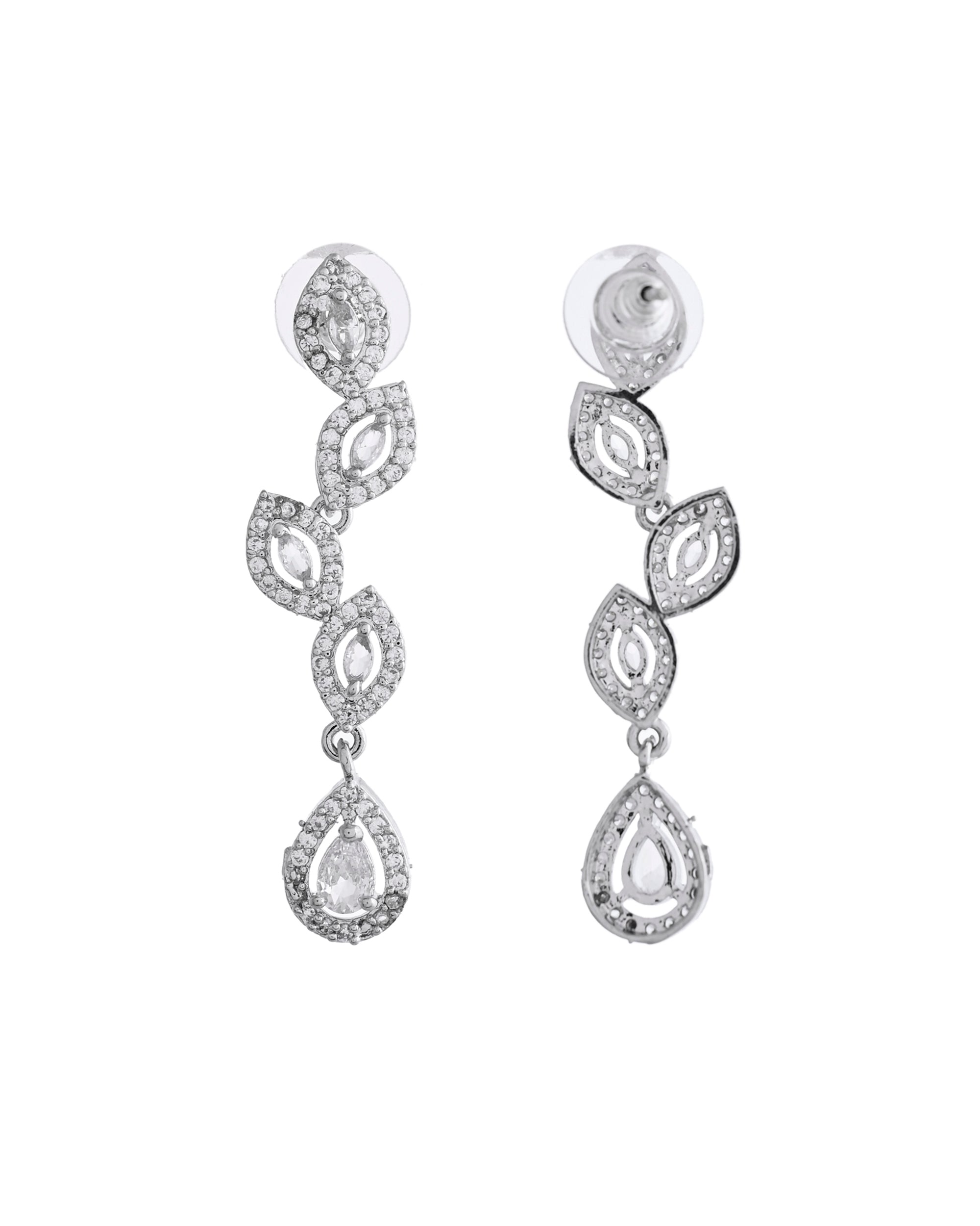 VOJ Silver Plated Tear Drop Shaped AD Necklace With Earrings Set