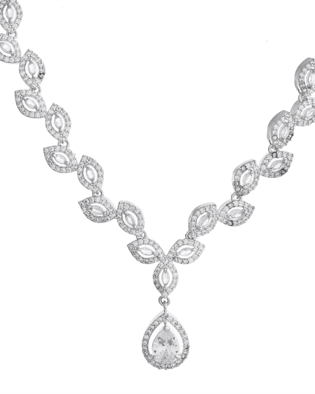 VOJ Silver Plated Tear Drop Shaped AD Necklace With Earrings Set