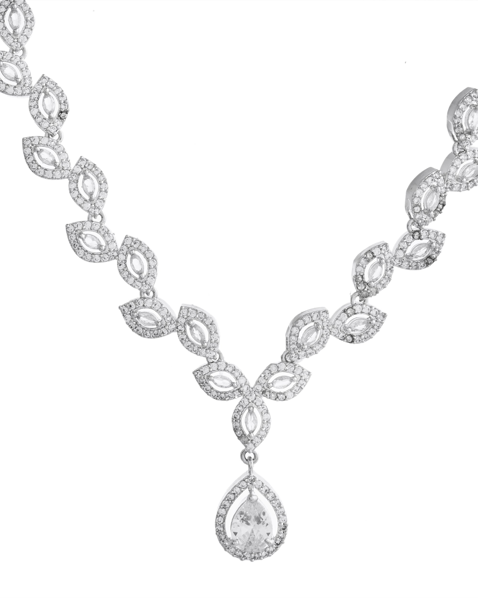 VOJ Silver Plated Tear Drop Shaped AD Necklace With Earrings Set