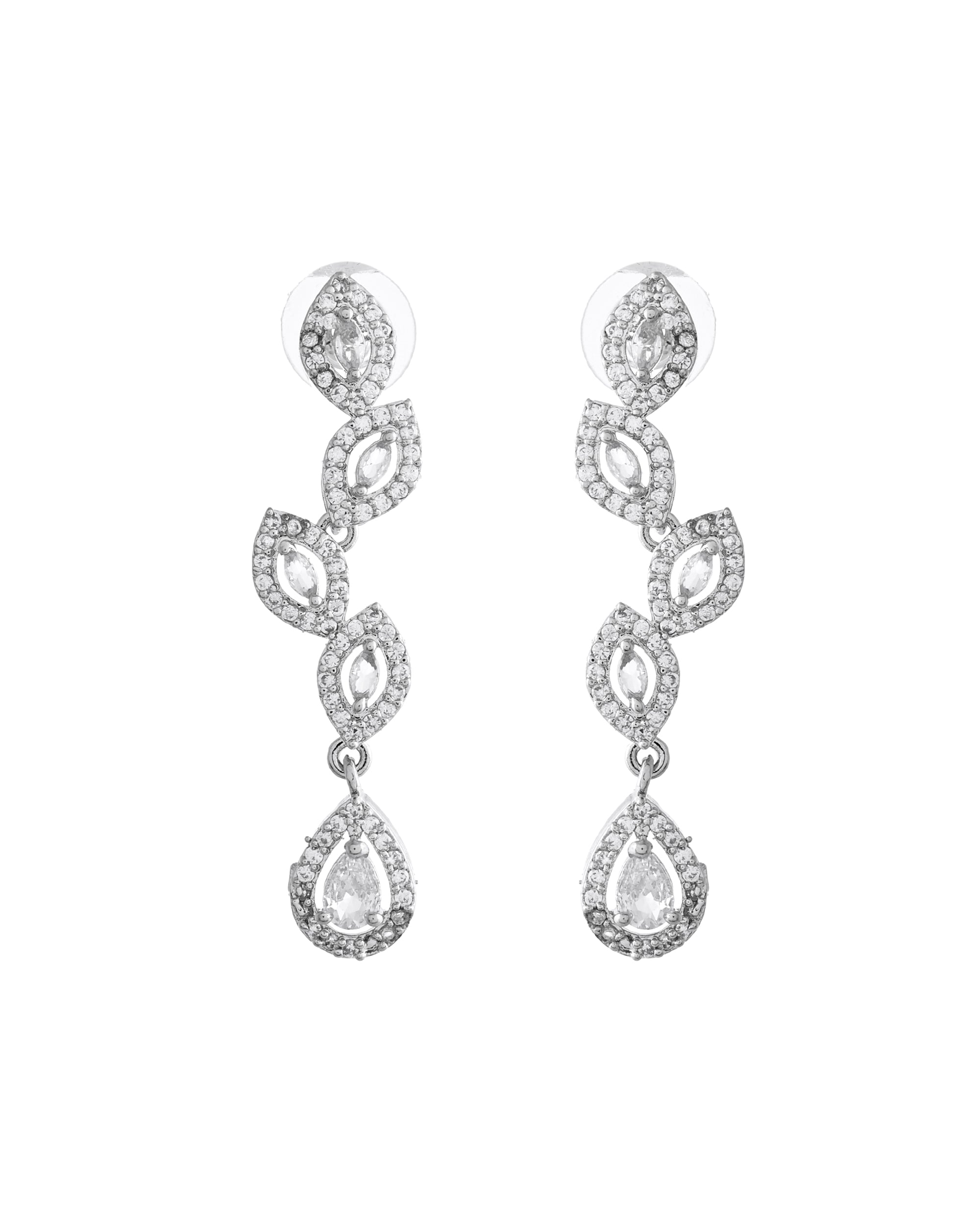 VOJ Silver Plated Tear Drop Shaped AD Necklace With Earrings Set