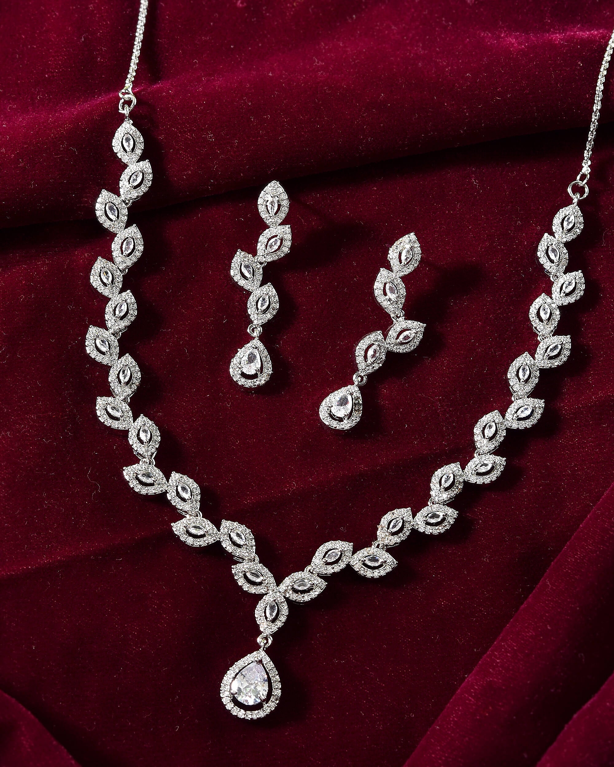 VOJ Silver Plated Tear Drop Shaped AD Necklace With Earrings Set