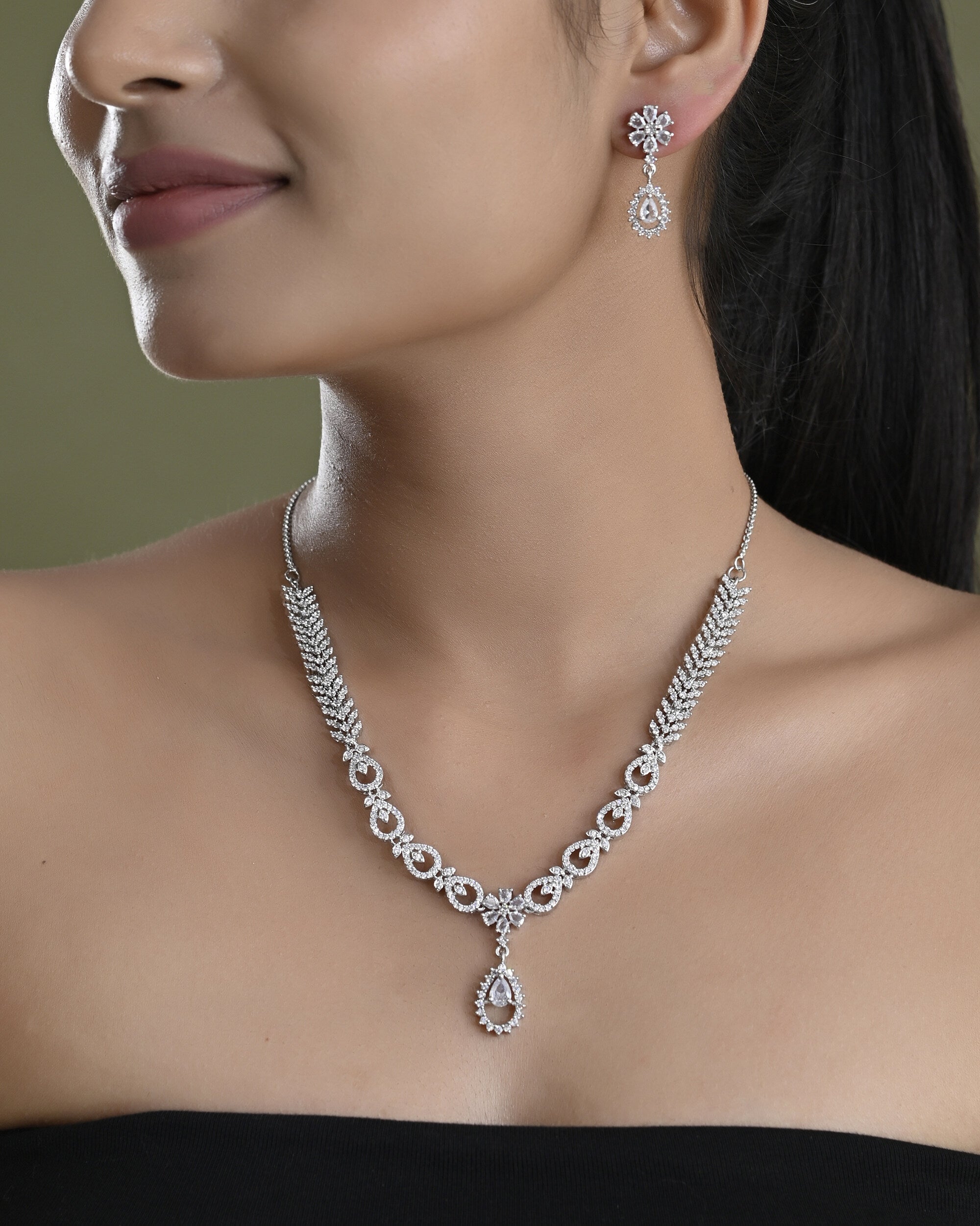 VOJ Silver Plated AD Stone Studded Necklace With Earrings Set
